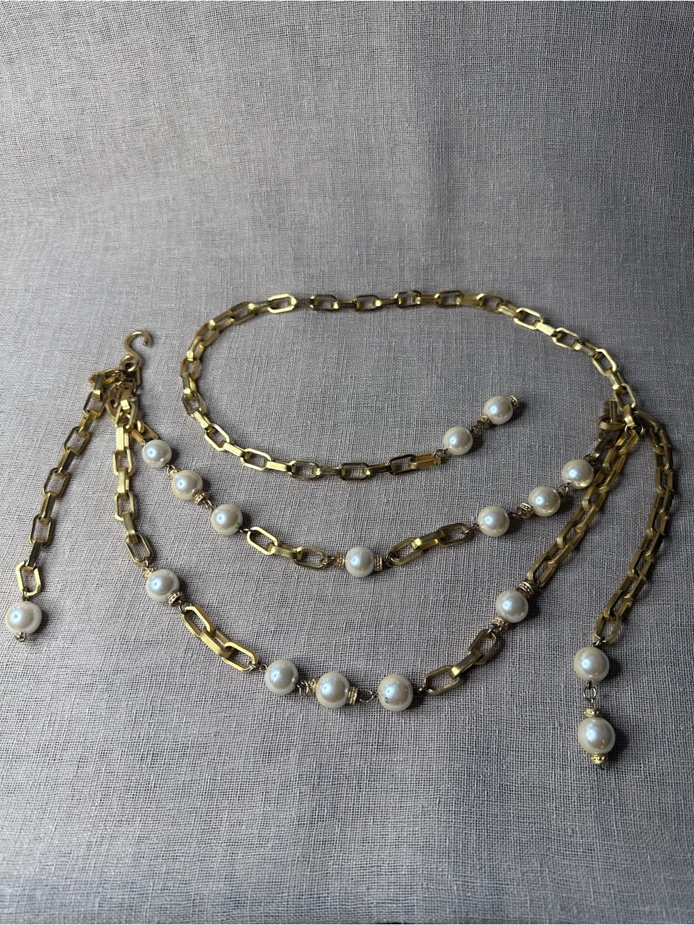 Vintage 80s Gold Chain Belt Faux Pearl Swag Link Boho Adjustable Necklace - Picture 9 of 10